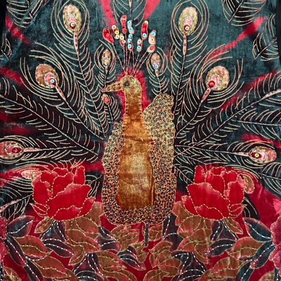 Ania A. Silk Blend Velvet Beaded Sequins Floral Peacock Artsy Kimono Cardigan S - Picture 10 of 16